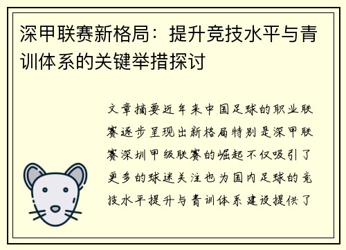 深甲联赛新格局：提升竞技水平与青训体系的关键举措探讨